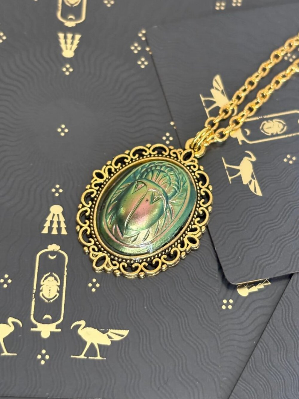 Egyptian Revival Metallic Gold Green Scarab Necklace